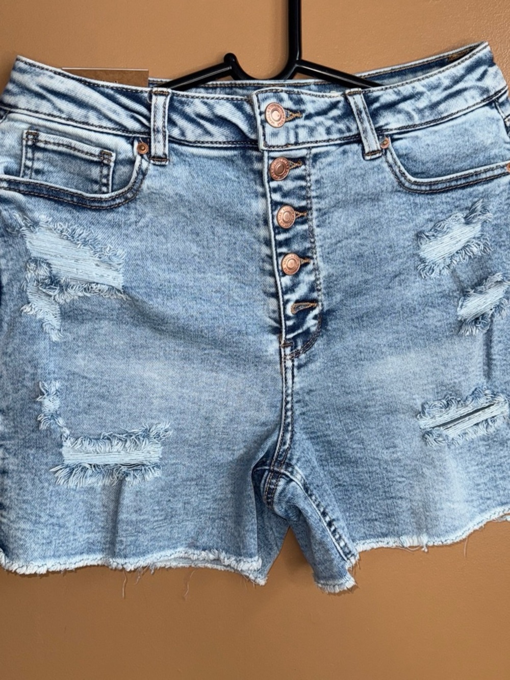 Vanilla Star Light Wash Distressed Button-Fly Denim Shorts